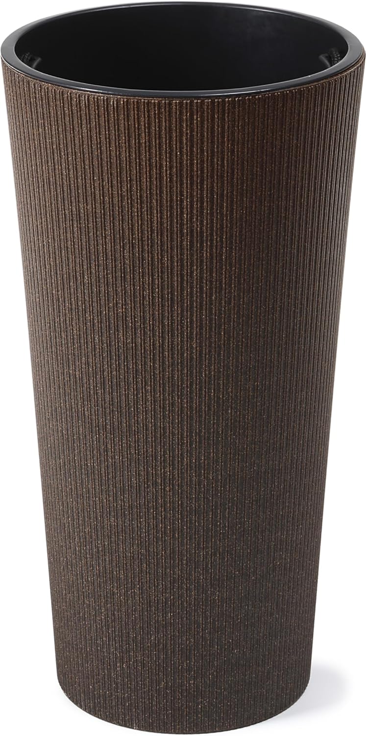 Modern Tall Ribbed Planter – Cylindrical Flower Pot for Indoor & Outdoor Plants – Weather-Resistant Lightweight Plastic – Coffee Espresso