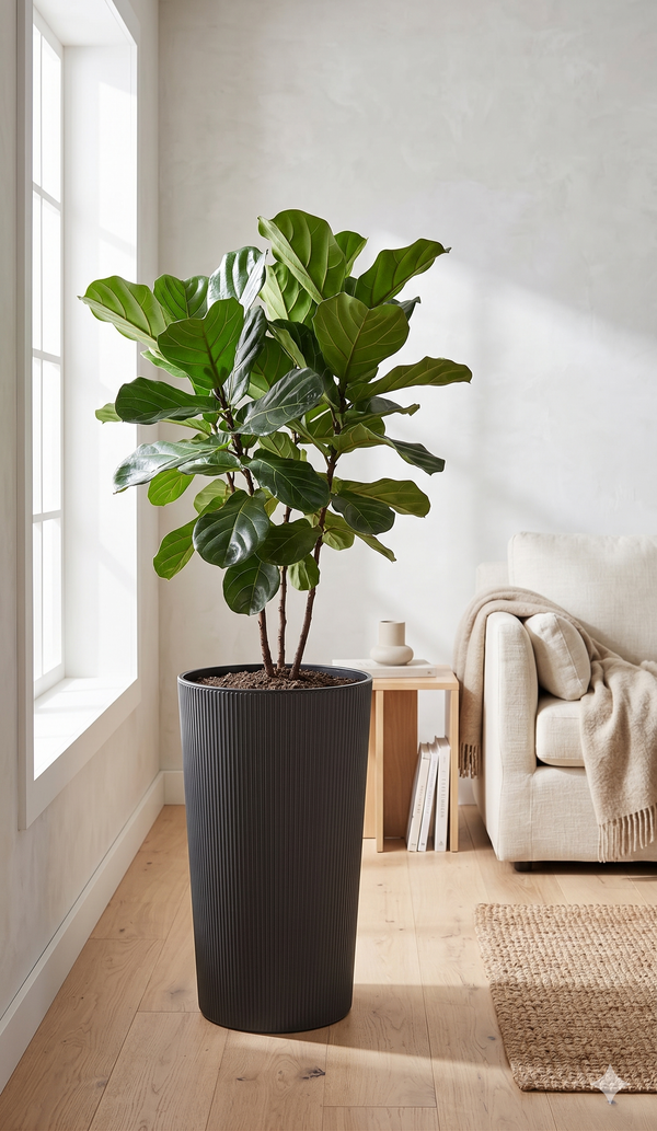 Modern Tall Ribbed Planter – Cylindrical Flower Pot for Indoor & Outdoor Plants – Weather-Resistant Lightweight Plastic – Grey