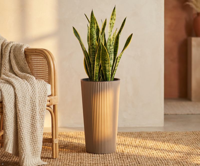 Modern Tall Ribbed Planter | Cylindrical Flower Pot for Indoor & Outdoor | Weather-Resistant Lightweight Plastic | Coffee Latte | 30cm x 57cm