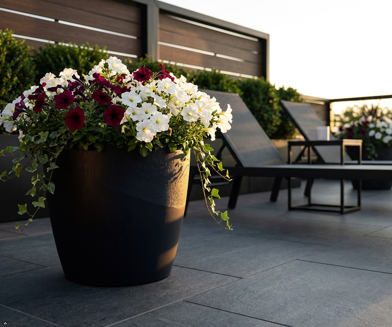 Concrete Effect Plant Pots – Plastic Indoor & Outdoor Flower Pots, Garden Planters, Large Plant Pots, Modern Decorative Planters, Grey & Black