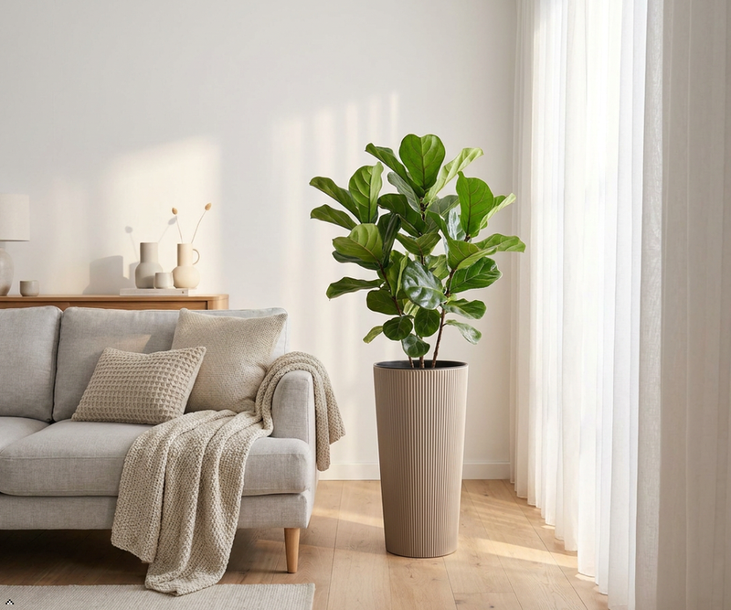 Modern Tall Ribbed Planter | Cylindrical Flower Pot for Indoor & Outdoor | Weather-Resistant Lightweight Plastic | Coffee Latte | 30cm x 57cm
