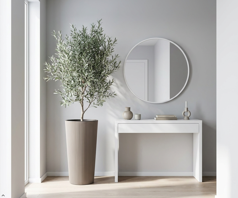 Modern Tall Ribbed Planter | Cylindrical Flower Pot for Indoor & Outdoor | Weather-Resistant Lightweight Plastic | Coffee Latte | 30cm x 57cm