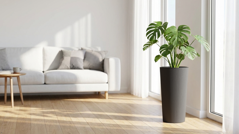 Modern Tall Ribbed Planter | Cylindrical Flower Pot for Indoor & Outdoor | Weather-Resistant Lightweight Plastic | Coffee Latte | 30cm x 57cm