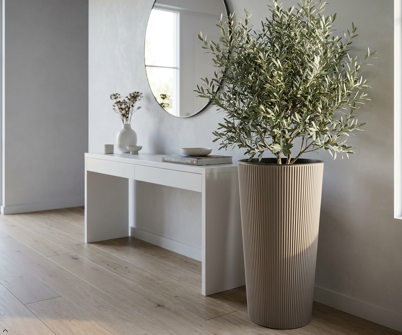 Modern Tall Ribbed Planter | Cylindrical Flower Pot for Indoor & Outdoor | Weather-Resistant Lightweight Plastic | Coffee Latte | 30cm x 57cm