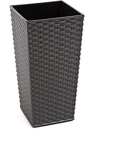 Tall plastic Square Rattan Flowerpot with internal plant riser (Grey, 35 x 68 cm)