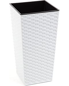 Tall plastic Square Rattan Flowerpot with internal plant riser (White, 35 x 68 cm)