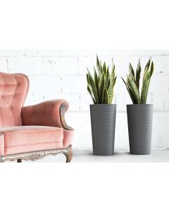 Tall Round Textured planter with Insert  (Black, 19cm x 36cm)